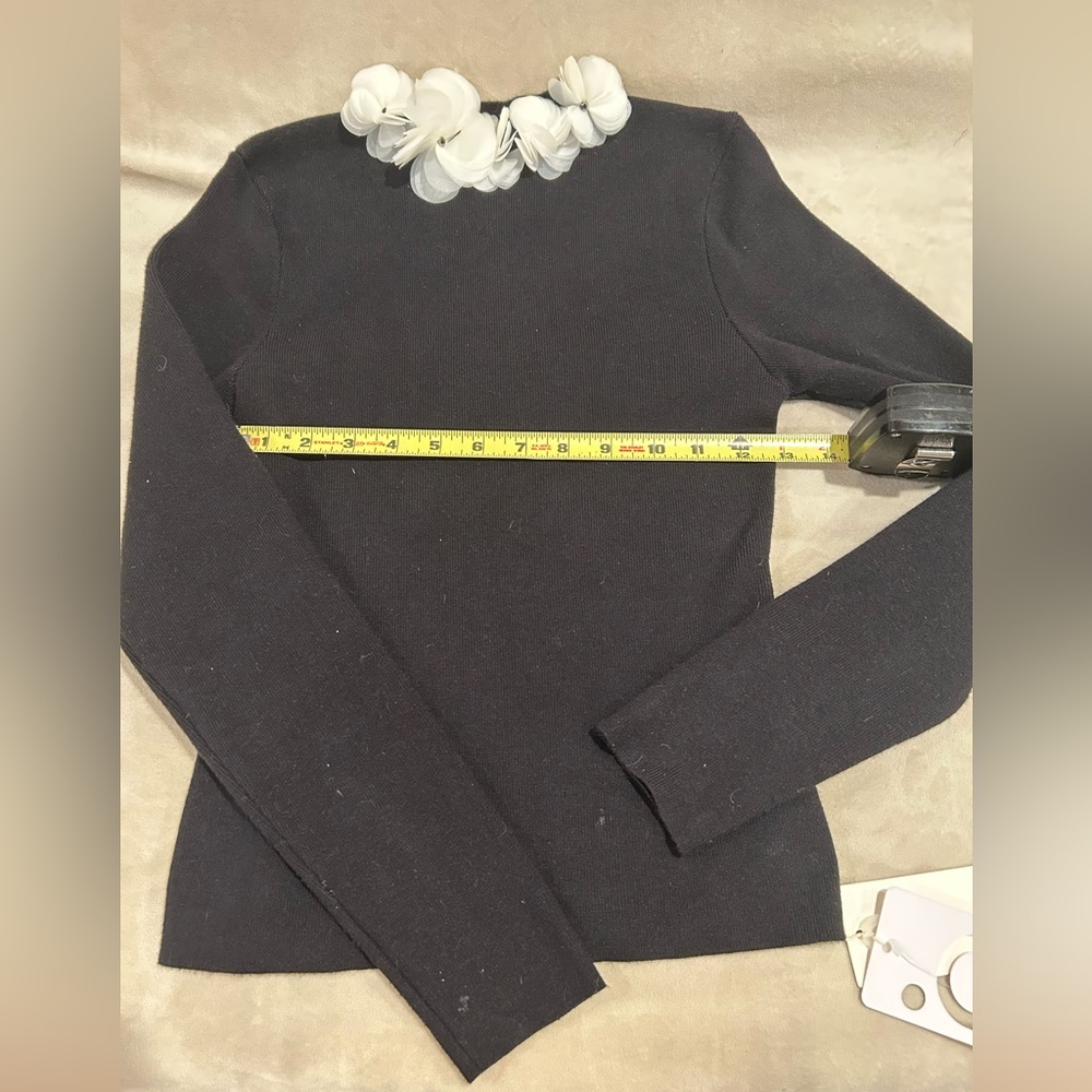 NWT Black Long Sleeve Crewneck Top with Floral Trim